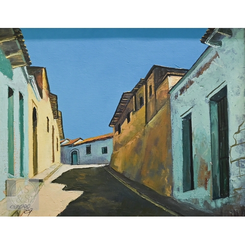 352 - Cosa - Girl walking a dog, oil on canvas, signed and dated 2014, 43 x 63 cm to/w Cerado - A Guatemal... 