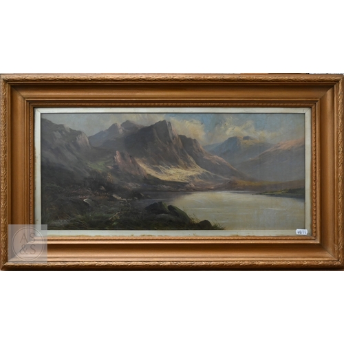 358 - A Rawling? - Scottish loch and mountain views, oil on canvas, 25 x 55 cm (2)