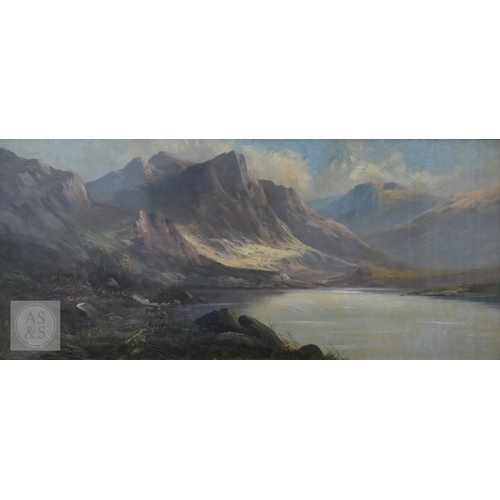 358 - A Rawling? - Scottish loch and mountain views, oil on canvas, 25 x 55 cm (2)