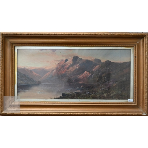 358 - A Rawling? - Scottish loch and mountain views, oil on canvas, 25 x 55 cm (2)