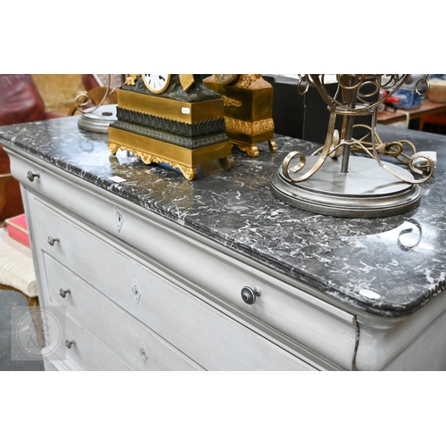 37 - An antique French commode chest of four drawers painted beneath a black and white veined marble top,... 