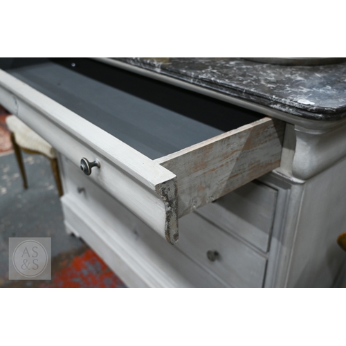 37 - An antique French commode chest of four drawers painted beneath a black and white veined marble top,... 