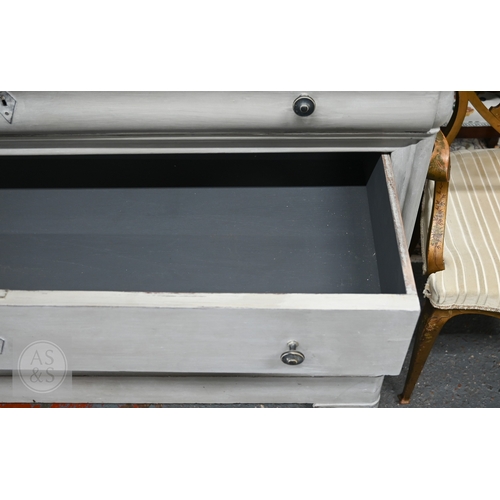 37 - An antique French commode chest of four drawers painted beneath a black and white veined marble top,... 