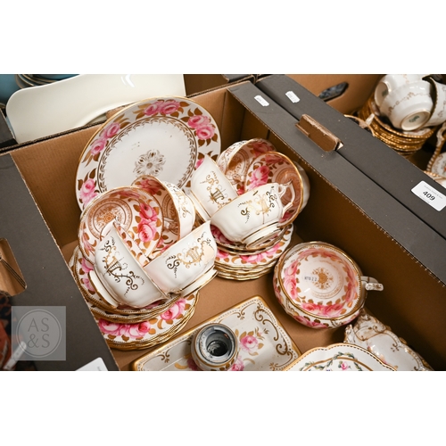 410 - An early 19th century Spode (probably) rose-painted and gilded tea service, thirty one pieces, to/w ... 