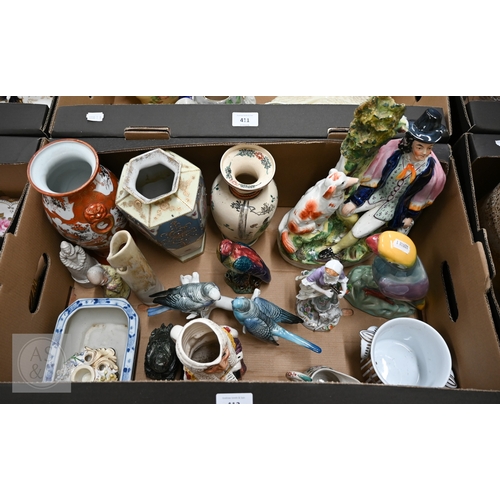 412 - A group of two Karl Ens budgerigars, to/w a Sitzendorf shepherdess with tambourine, Staffordshire po... 