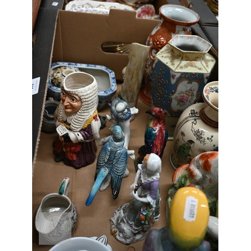 412 - A group of two Karl Ens budgerigars, to/w a Sitzendorf shepherdess with tambourine, Staffordshire po... 