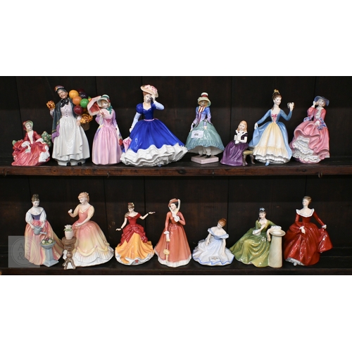 438 - Fifteen Royal Doulton figures: 'Pantalettes' HN1362 (hairline crack under base), 'Miss Demure' HN140... 