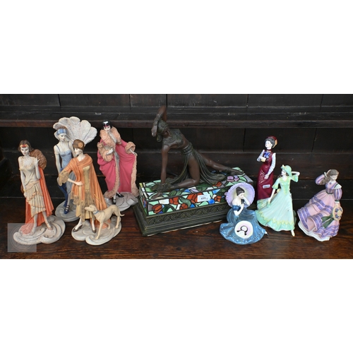 439 - An Art Deco style bronzed exotic dancer on illuminated Tiffany-style plinth, to/w four Coalport 'Roa... 