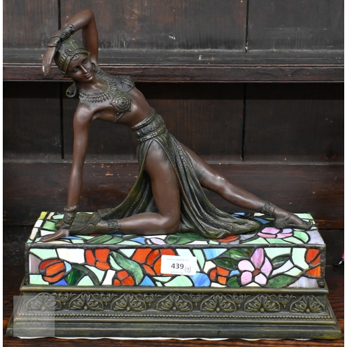 439 - An Art Deco style bronzed exotic dancer on illuminated Tiffany-style plinth, to/w four Coalport 'Roa... 