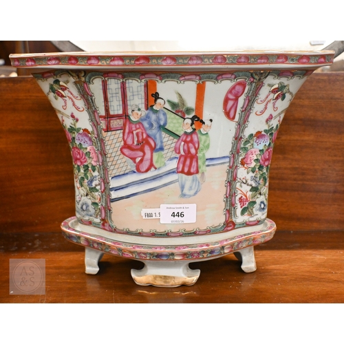 446 - A modern Chinese porcelain quatrefoil jardiniere on stand, decorated in the famille rose manner, 26 ... 
