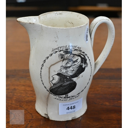 448 - A Georgian creamware novelty jug, printed with humorous invertible images 'Courtship/Matrimony' and ... 