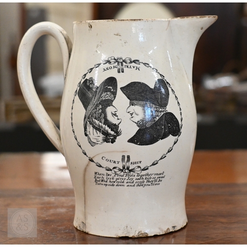 448 - A Georgian creamware novelty jug, printed with humorous invertible images 'Courtship/Matrimony' and ... 