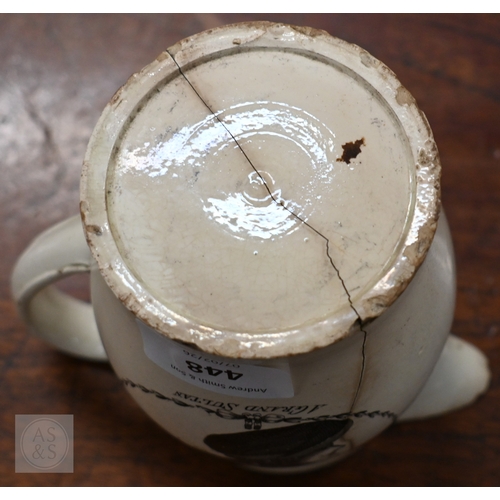448 - A Georgian creamware novelty jug, printed with humorous invertible images 'Courtship/Matrimony' and ... 