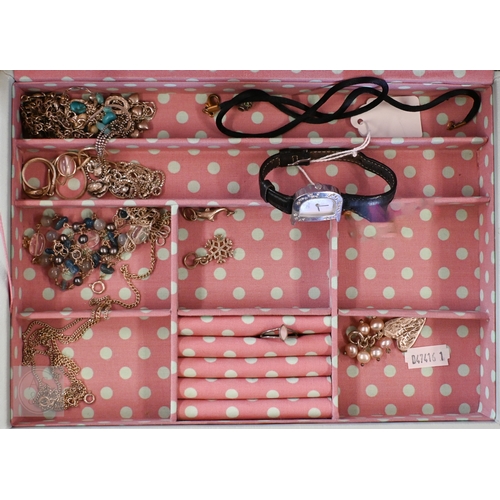 456 - A mint green leatherette Stackers jewellery box and contents - costume jewellery, etc; lot also cont... 