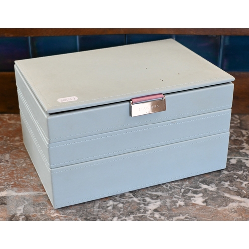 456 - A mint green leatherette Stackers jewellery box and contents - costume jewellery, etc; lot also cont... 