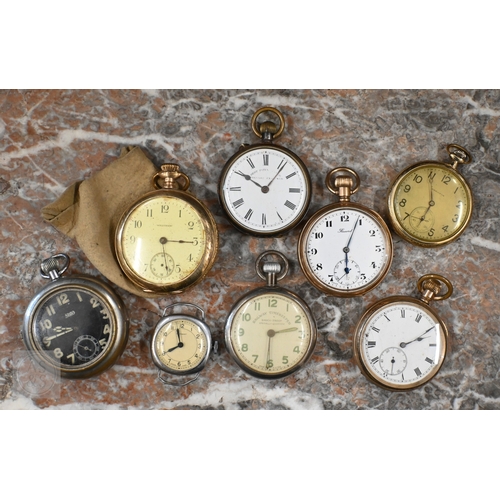 459 - Five gilt metal pocket watches with top-wind movements, to/w three other pocket watches and a wristw... 