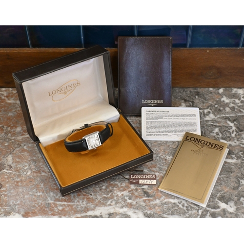 460 - A lady's Longines wristwatch with square dial c/w box and paperwork