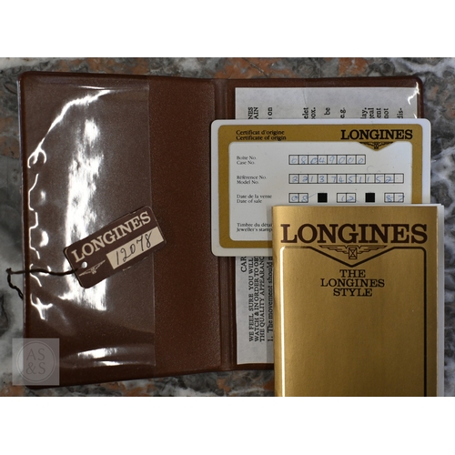460 - A lady's Longines wristwatch with square dial c/w box and paperwork