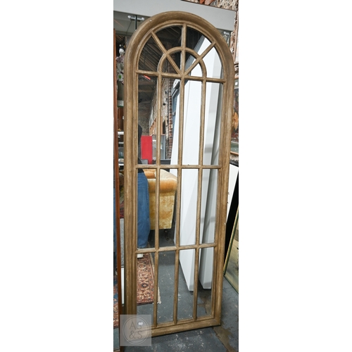 47 - A contemporary distressed driftwood style framed arched top multi-panel wall mirror, 59 cm w x 179 c... 