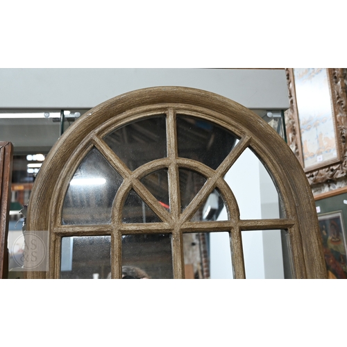 47 - A contemporary distressed driftwood style framed arched top multi-panel wall mirror, 59 cm w x 179 c... 