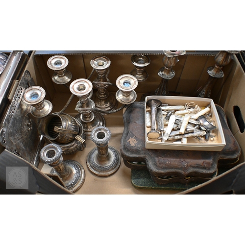 477 - A pair of Old Sheffield plate candlesticks and a pair of plated on copper candelabra, another pair o... 