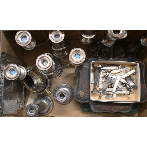 477 - A pair of Old Sheffield plate candlesticks and a pair of plated on copper candelabra, another pair o... 