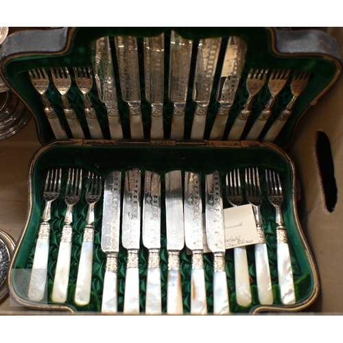 477 - A pair of Old Sheffield plate candlesticks and a pair of plated on copper candelabra, another pair o... 