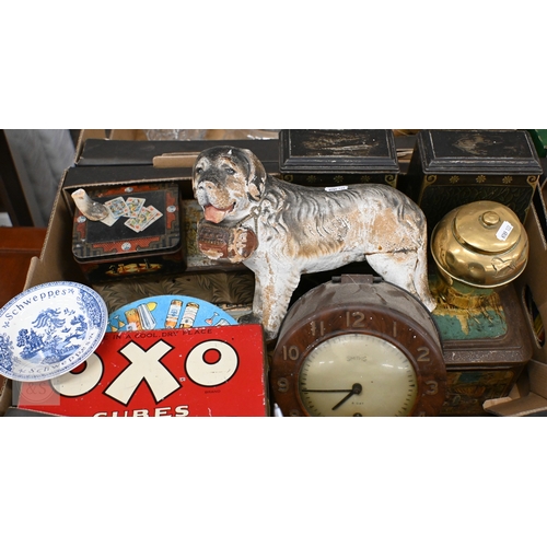 482 - A selection of vintage tins, advertising items, Smiths Bakelite clock, British Empire Exhibition (19... 