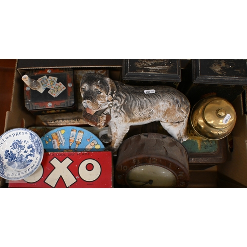 482 - A selection of vintage tins, advertising items, Smiths Bakelite clock, British Empire Exhibition (19... 