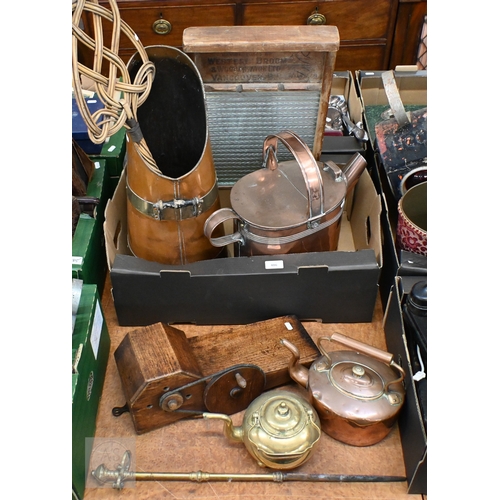 486 - An oak hand-cranked set of bellows, to/w a copper and brass coal-chute, two copper vessels, washboar... 
