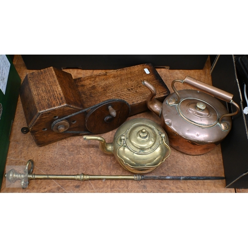 486 - An oak hand-cranked set of bellows, to/w a copper and brass coal-chute, two copper vessels, washboar... 