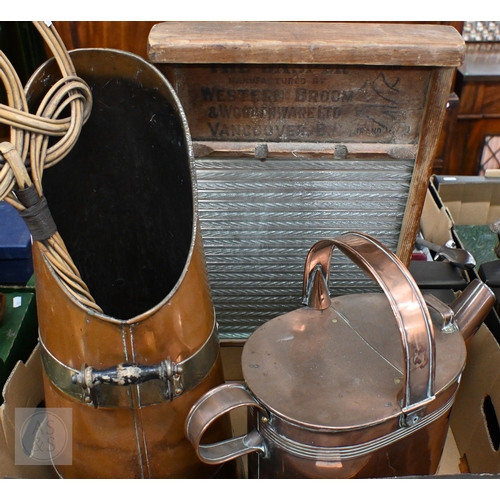 486 - An oak hand-cranked set of bellows, to/w a copper and brass coal-chute, two copper vessels, washboar... 