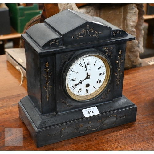 512 - Early 20th century Hallett (Hastings) slate mantel clock, with French drum 8-day movement, 26 cm hig... 