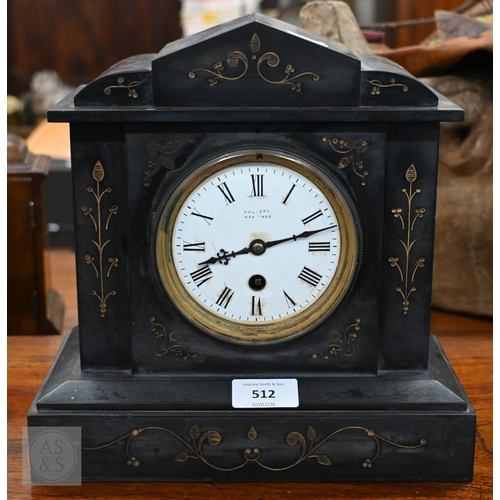 512 - Early 20th century Hallett (Hastings) slate mantel clock, with French drum 8-day movement, 26 cm hig... 
