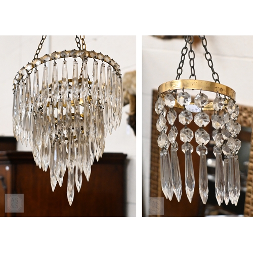 516 - A vintage three-tier ceiling light shade hung with lustre drops, to/w a similar single tier example ... 