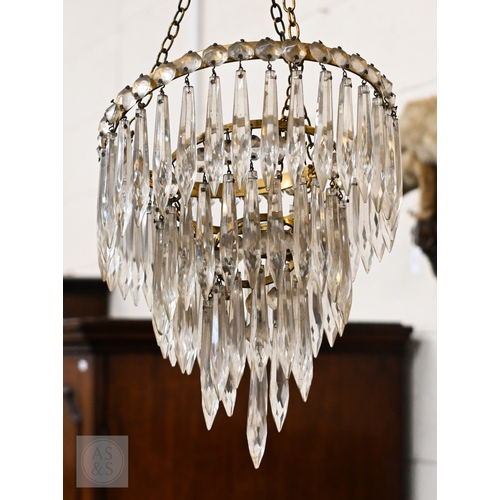 516 - A vintage three-tier ceiling light shade hung with lustre drops, to/w a similar single tier example ... 