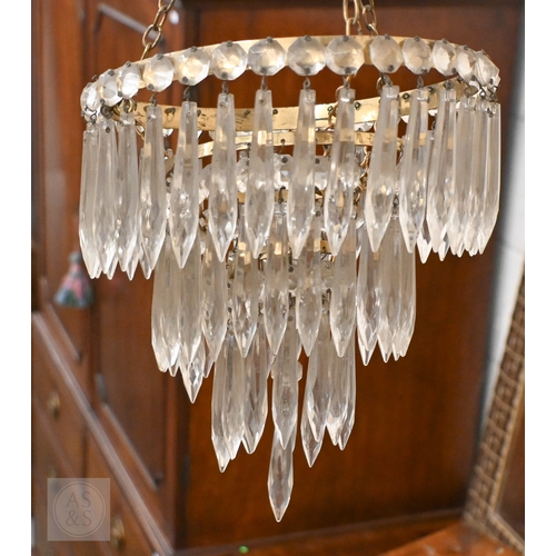 516 - A vintage three-tier ceiling light shade hung with lustre drops, to/w a similar single tier example ... 