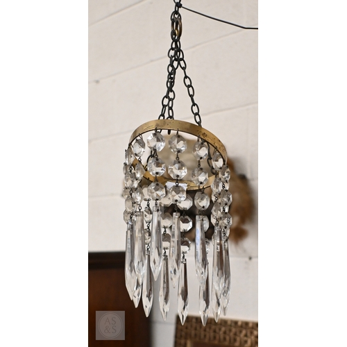 516 - A vintage three-tier ceiling light shade hung with lustre drops, to/w a similar single tier example ... 