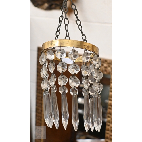 516 - A vintage three-tier ceiling light shade hung with lustre drops, to/w a similar single tier example ... 