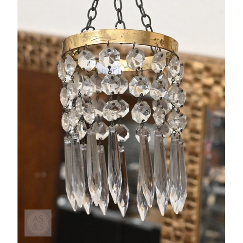 516 - A vintage three-tier ceiling light shade hung with lustre drops, to/w a similar single tier example ... 