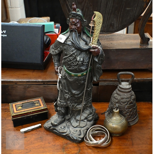 530 - A cast resin figure of a Chinese Immortal, to/w a brass pilgrim's bell, a bell-weight, etc