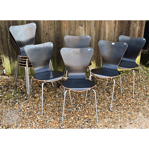 9 - A set of ten black faced laminated plywood stacking chairs, with chrome legs (10)