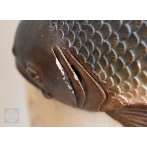 449 - A Japanese Meiji era pottery vase, relief-moulded with a carp leaping from a painted pond, with gild... 