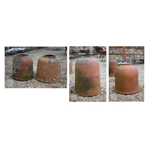 12 - Four old weathered terracotta rhubarb forcers, one stamped for Willow pottery, bath, various sizes, ... 