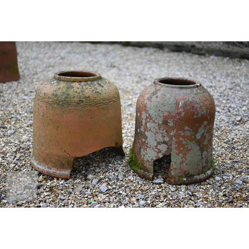 12 - Four old weathered terracotta rhubarb forcers, one stamped for Willow pottery, bath, various sizes, ... 