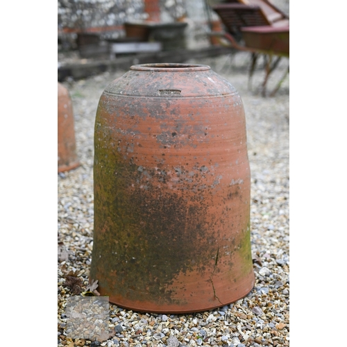 12 - Four old weathered terracotta rhubarb forcers, one stamped for Willow pottery, bath, various sizes, ... 