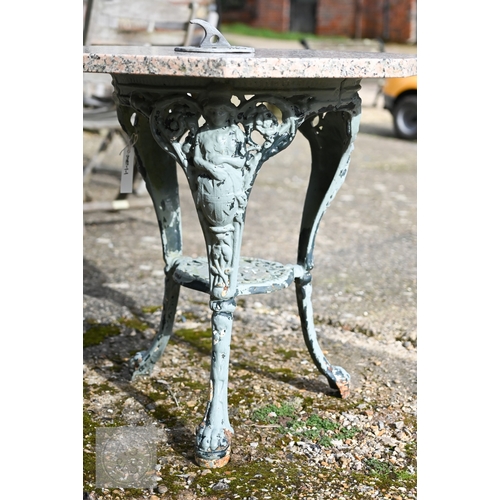 27 - A cast iron Britannia design terrace table with later octagonal pink granite top to/with a small 17t... 