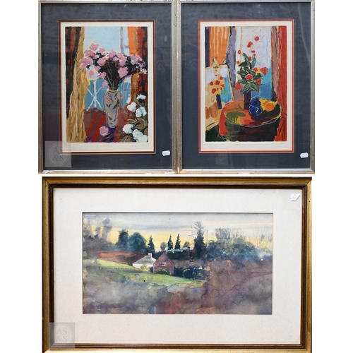 Roy Fairchild - A pair of prints - Red flower and Pink flower, pencil signed, 41 x 29 cm, one c/w Certificate of Authenticity to/w an unsigned watercolour landscape (3)