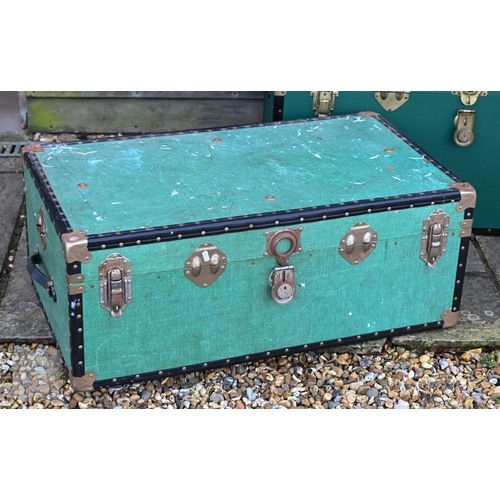 38 - Four assorted traditional luggage trunks, three green 100 cm x 51 cm x 50 cm h; 93 cm x 51 cm x 49 c... 