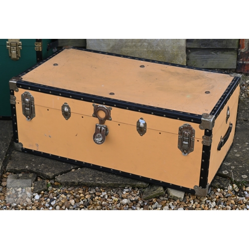 38 - Four assorted traditional luggage trunks, three green 100 cm x 51 cm x 50 cm h; 93 cm x 51 cm x 49 c... 